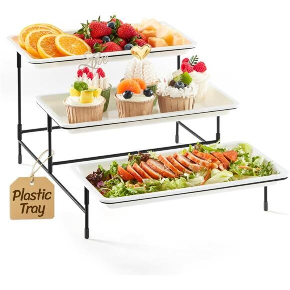 3 Tier Serving Tray, 12" x 6.5" White Plastic Tiered Food Serving Platters - Picture 1 of 7